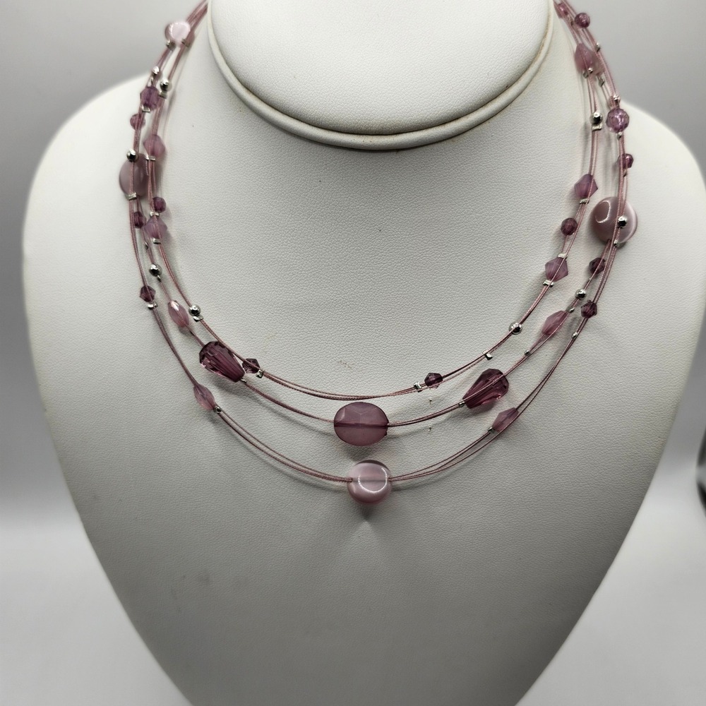 Purple Multi Strand Beaded Necklace Silver Tone Lobster Clasp Adjustable Chain